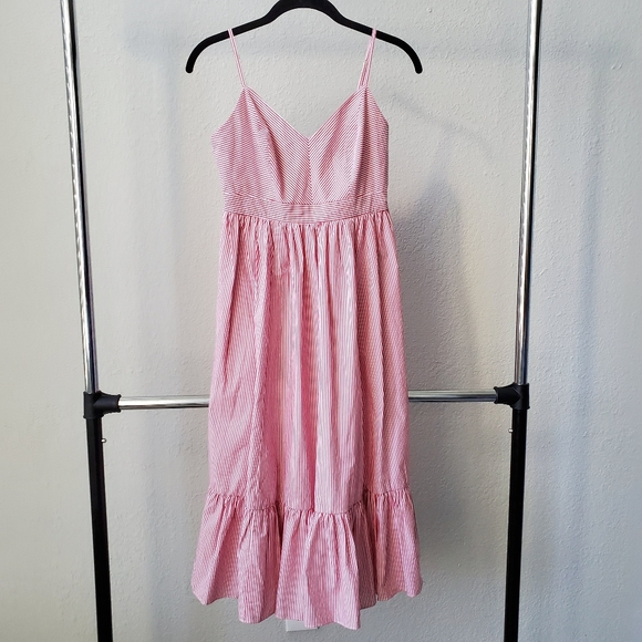 J. Crew Blogger Red Stripe Ruffle Midi Frill Dress - Picture 2 of 6